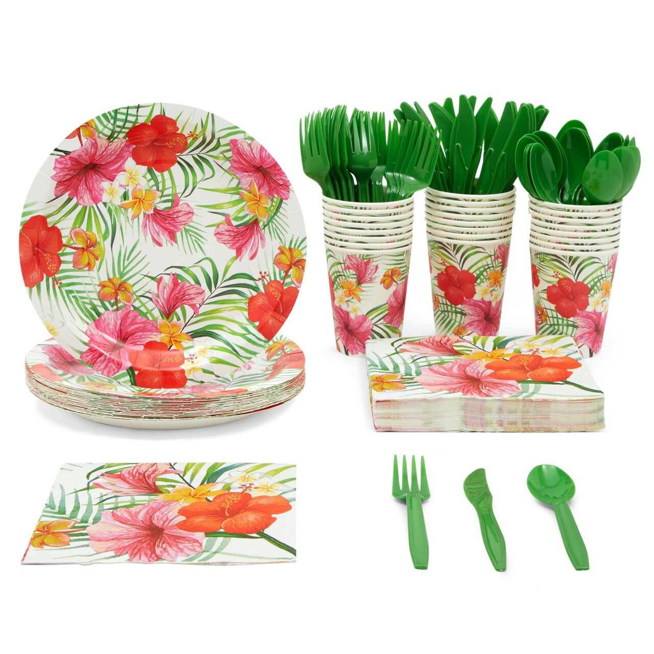 144 Piece Tropical Luau Party Supplies Hawaiian Dinnerware Set
